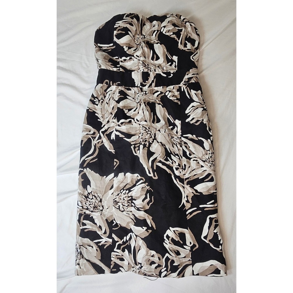 Banana Republic Strapless Floral Linen Blend Sheath Dress Black Tan White Size 0